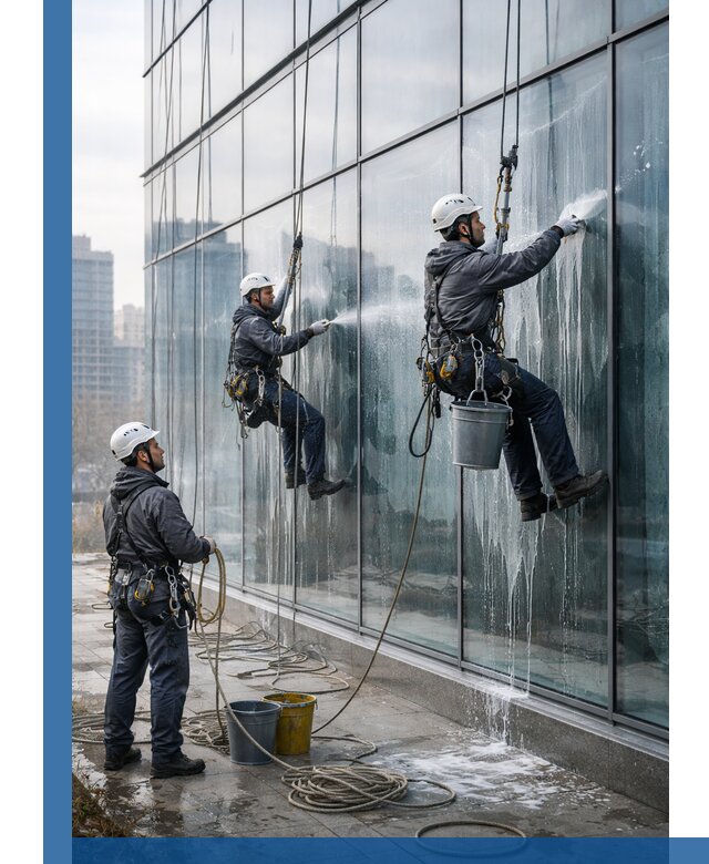 Промышленная мойка панорамных окон на высоте в Екатеринбурге