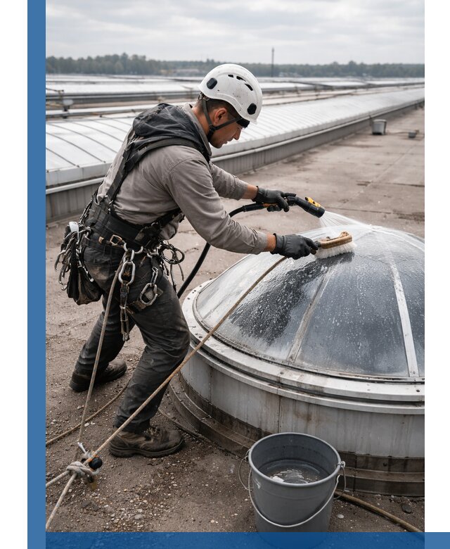 Мойка зенитных фонарей на кровле для промышленных объектов в Екатеринбурге