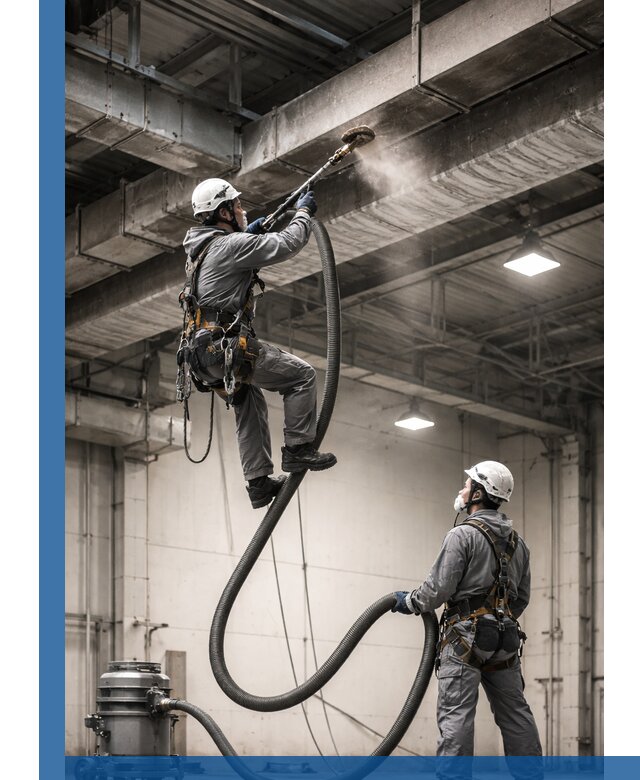 Обеспыливание потолочных конструкций в Екатеринбурге промышленным альпинизмом