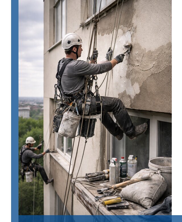 Косметический ремонт фасада зданий в Екатеринбурге промышленными альпинистами