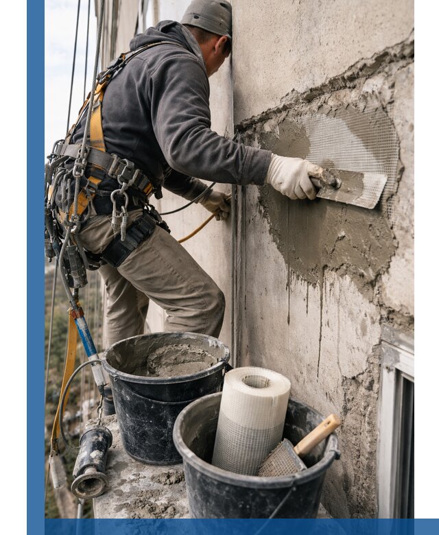 Ремонт бетонных элементов фасада промышленными альпинистами в Екатеринбурге