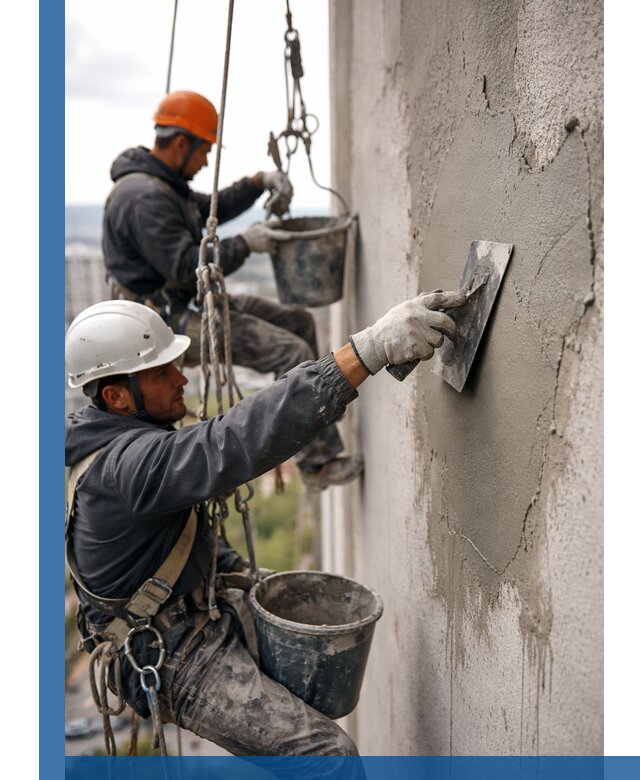 Штукатурка фасада на высоте в Екатеринбурге профессиональные работы