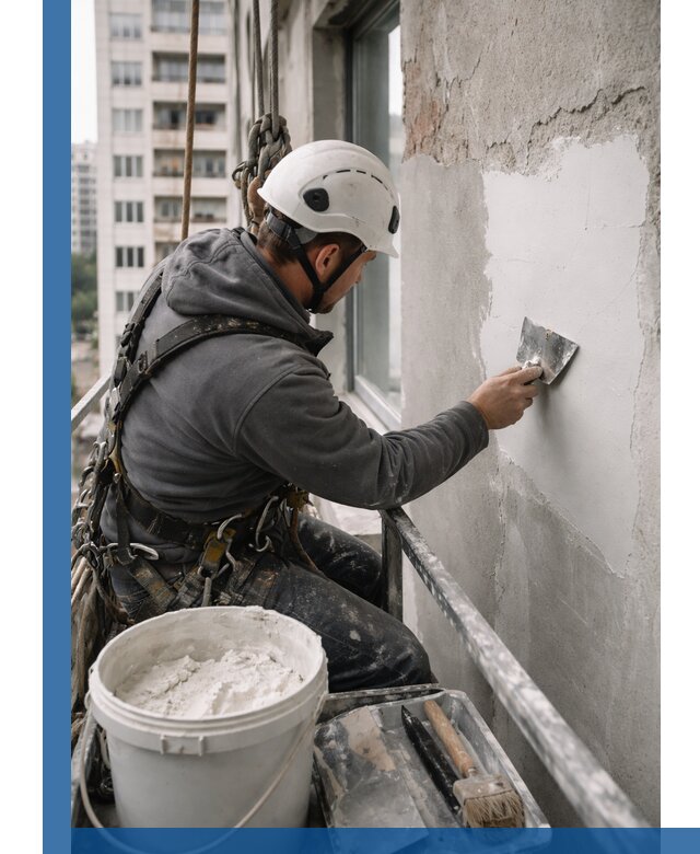 Шпаклевка фасадов на высоте с промальпинистами в Екатеринбурге