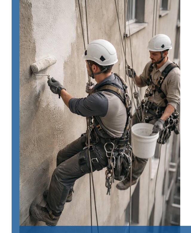 Грунтовка фасада на высоте в Екатеринбурге промышленными альпинистами