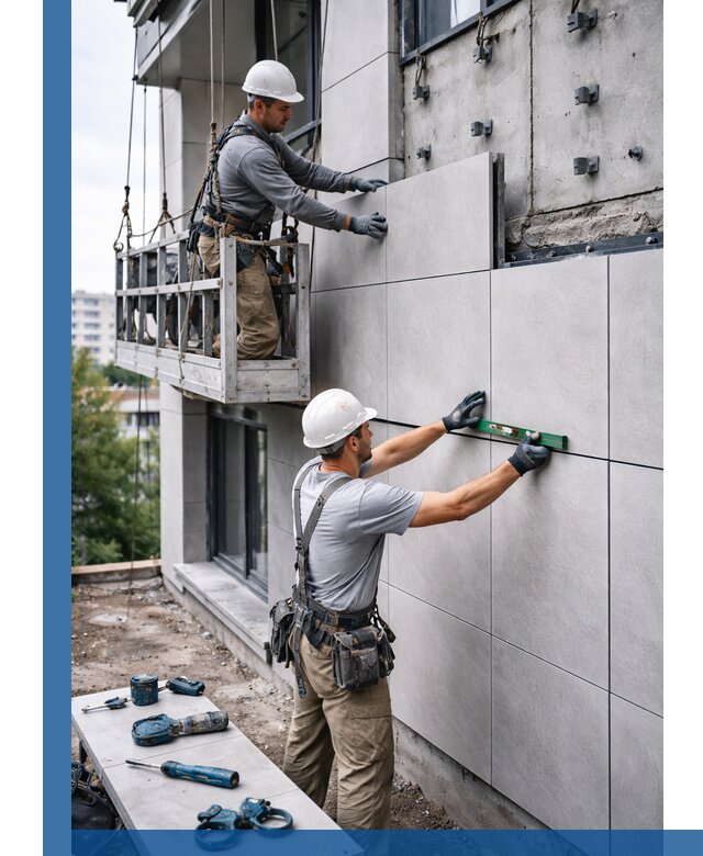 Монтаж керамогранита на фасад в Екатеринбурге под ключ с гарантией качества