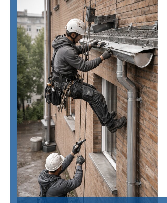 Монтаж водосточной системы на здании в Екатеринбурге под ключ