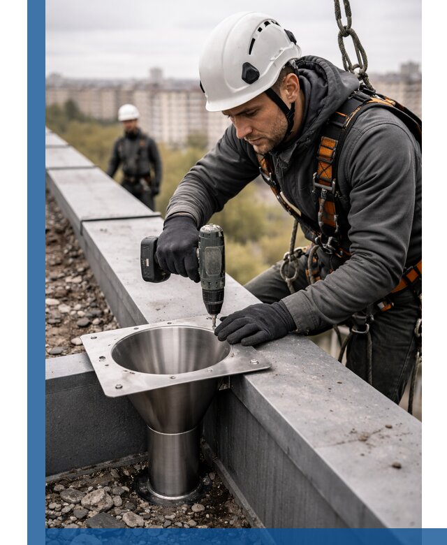 Монтаж водосточных воронок в Екатеринбурге для промышленных зданий