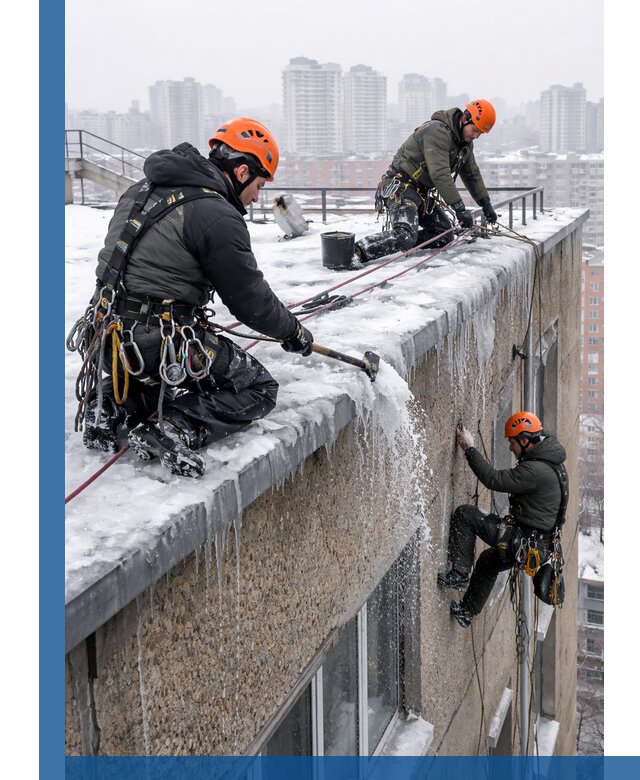 Удаление наледи с кровли в Екатеринбурге промышленными альпинистами