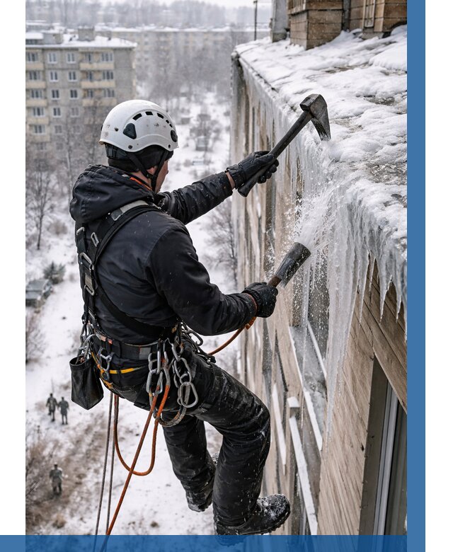 Сбивание сосулек с крыши в Екатеринбурге по цене от 4612 р. | ВЫСОТНИК-Ктр