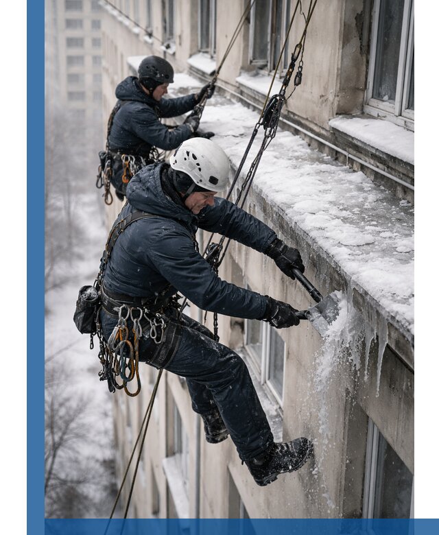 Удаление наледи и сосулек с карнизов в Екатеринбурге профессионально