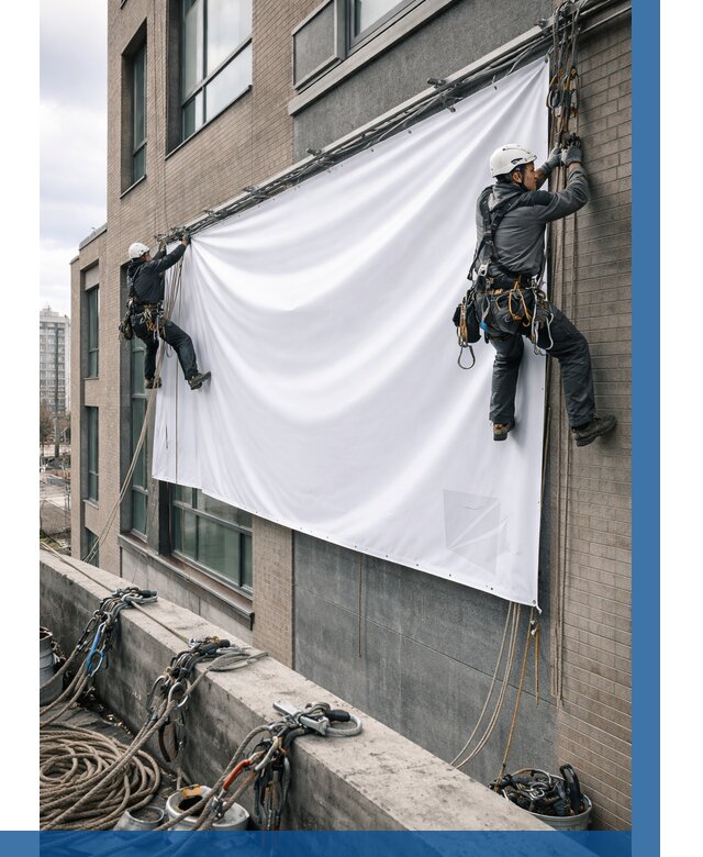 Монтаж баннеров на фасаде в Екатеринбурге от 666 р. заказать ВЫСОТНИК-Ктр