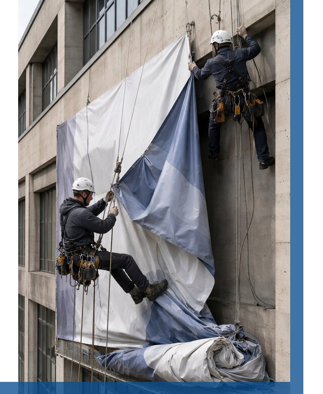 Демонтаж баннеров с фасада в Екатеринбурге от 4612 р. | ВЫСОТНИК-Ктр