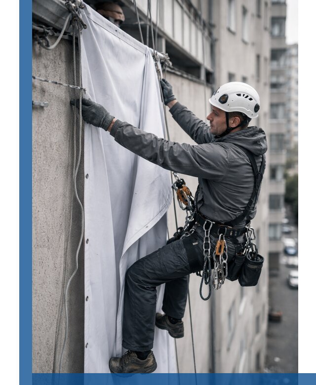 Замена баннерного полотна промышленными альпинистами в Екатеринбурге
