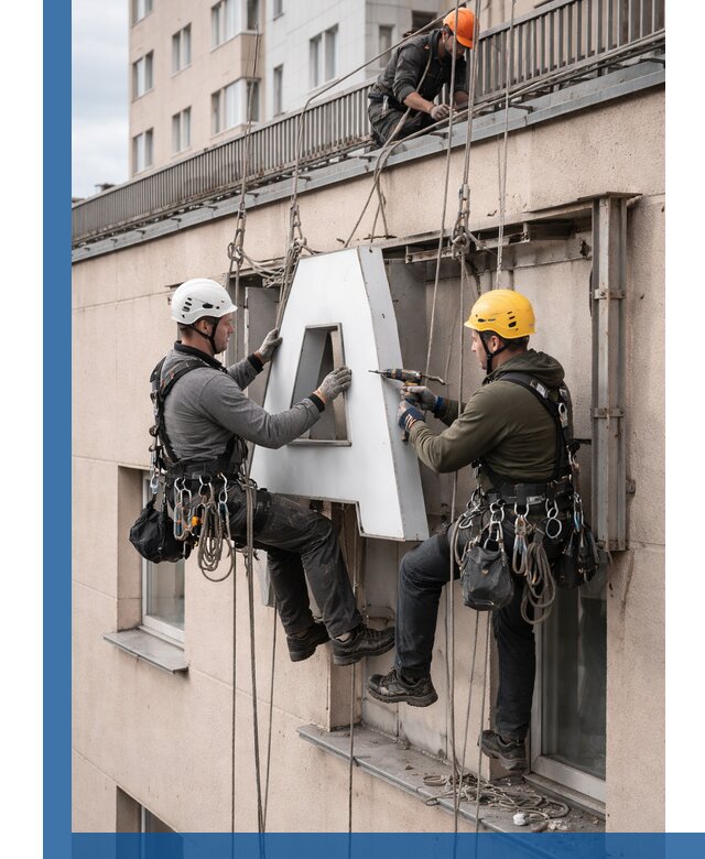 Ремонт и восстановление наружных вывесок на высоте в Екатеринбурге