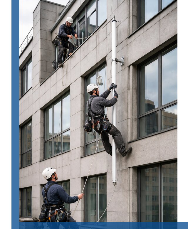 Монтаж флагштока на фасаде здания с креплением и герметикой в Екатеринбурге