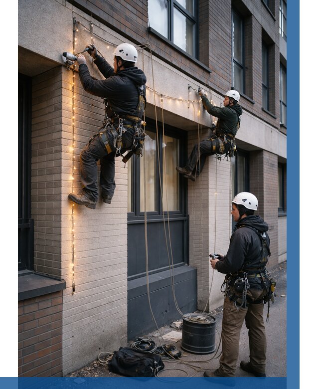 Монтаж гирлянд на фасаде в Екатеринбурге от 3587 р. | ВЫСОТНИК-Ктр