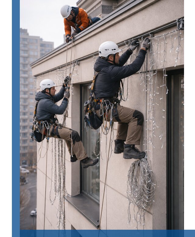 Монтаж праздничных гирлянд на фасаде в Екатеринбурге для зданий