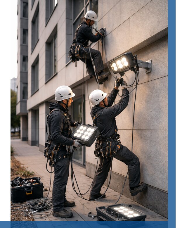 Монтаж прожекторов на фасаде в Екатеринбурге от 7687 р. | ВЫСОТНИК-Ктр