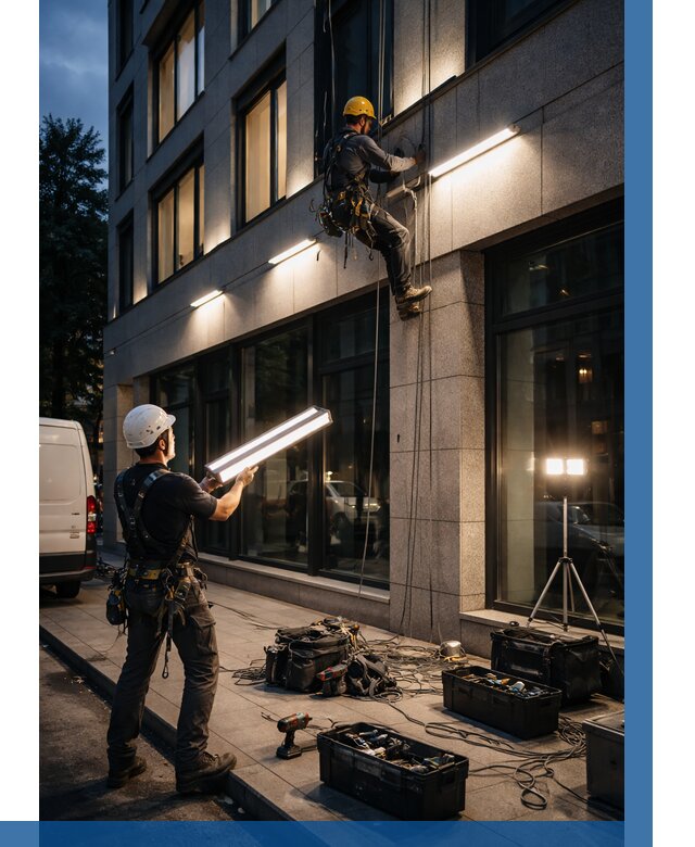 Монтаж архитектурной подсветки здания в Екатеринбурге от 2562 р.|ВЫСОТНИК-Ктр