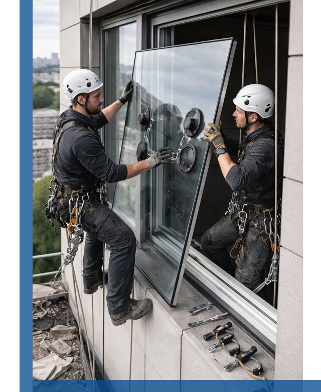 Замена стеклопакетов на высоте с промышленными альпинистами в Екатеринбурге