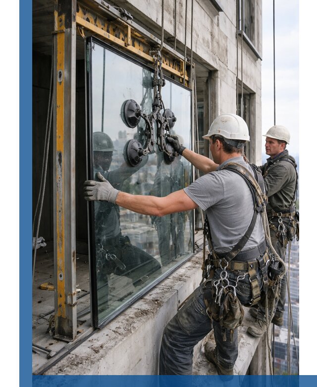 Монтаж стеклопакетов на высоте в Екатеринбурге с промышленным альпинизмом