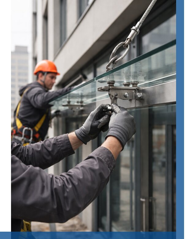 Монтаж стеклянных козырьков в Екатеринбурге от 8712 р. | ВЫСОТНИК-Ктр