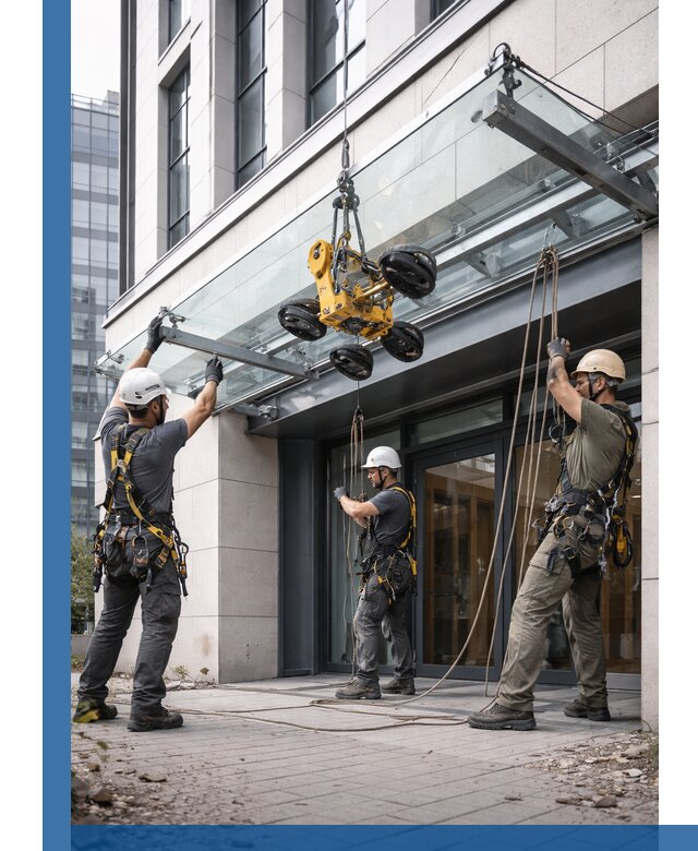 Монтаж стеклянных козырьков под ключ в Екатеринбурге для зданий