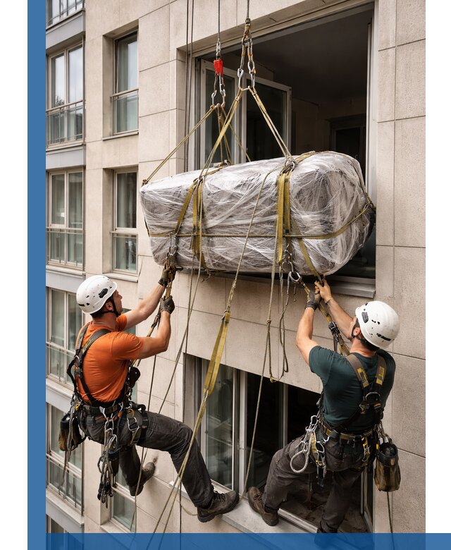 Подъем грузов через окно в Екатеринбурге промышленными альпинистами