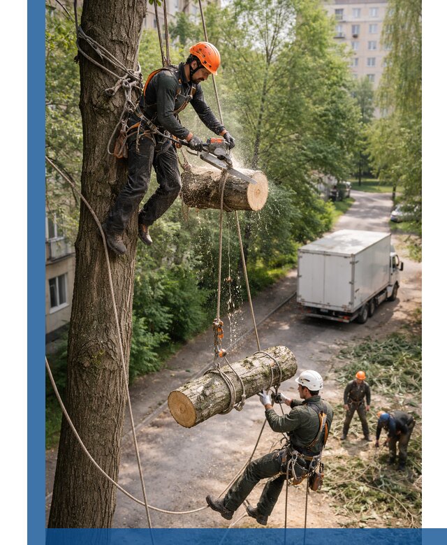 Спил деревьев альпинистами в Екатеринбурге, безопасно и без повреждений