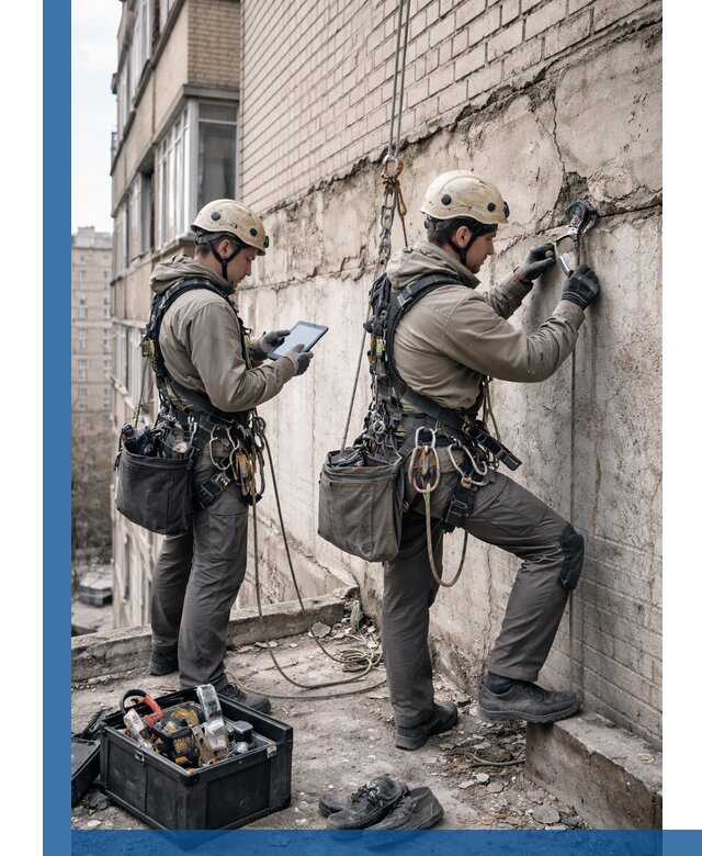 Обследование фасада промышленными альпинистами в Екатеринбурге